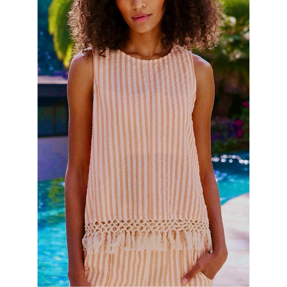 Roller Rabbit Tank Top Tianna Sleeveless Top Coral Fringe Seersucker NWT Size S